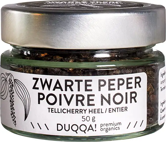 Hele tellicherry zwarte peperkorrels 50 g
