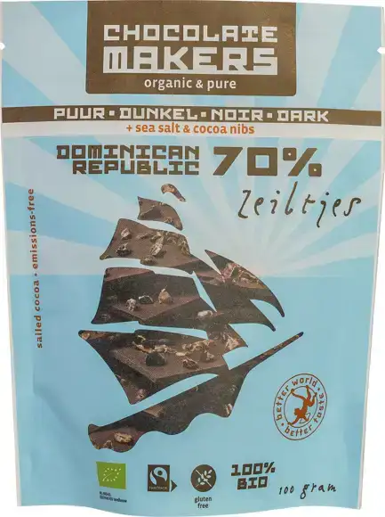 Chocozeiltjes puur 70% met zeezout & nibs 100 g