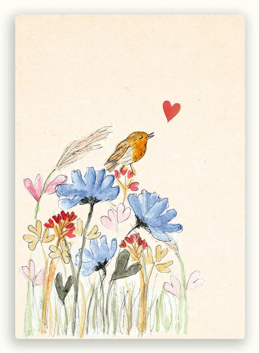 Kaart vogeltje bij bloemen