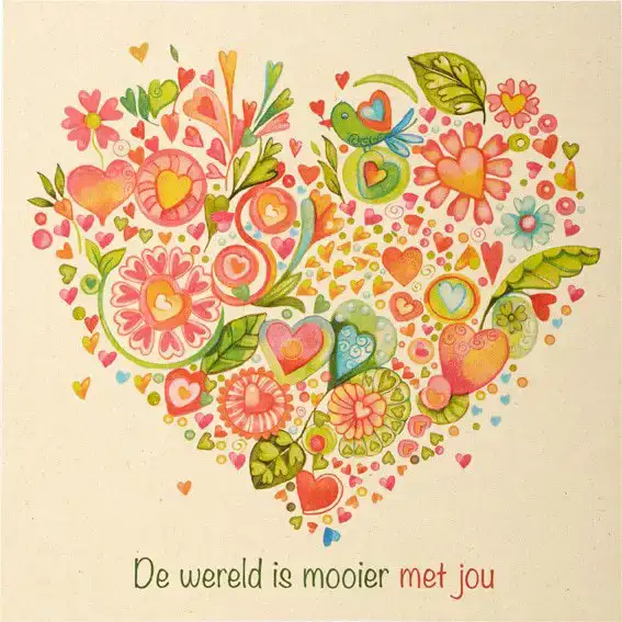 Kaart hart bloemen bladeren vogels