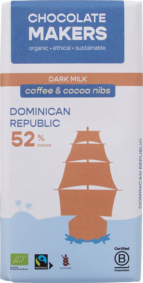 Donkere melkchocolade koffie & cacao nibs Dominicaanse Republiek 52%