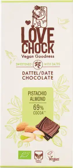 Pure dadel chocolade pistache amandel 69% 70 g