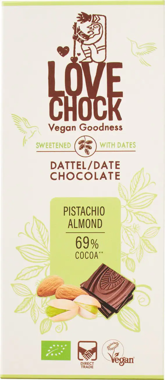 Pure dadel chocolade pistache amandel 69%