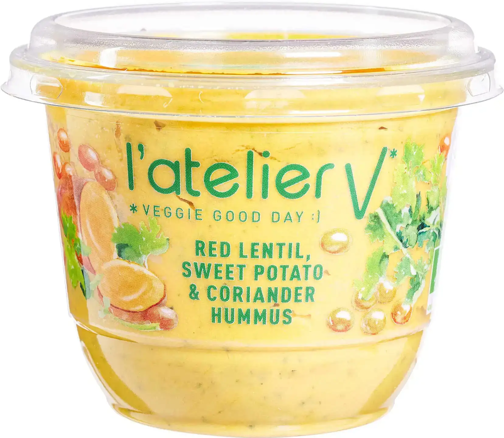 Hummus rode linzen-zoete aardappel-koriander