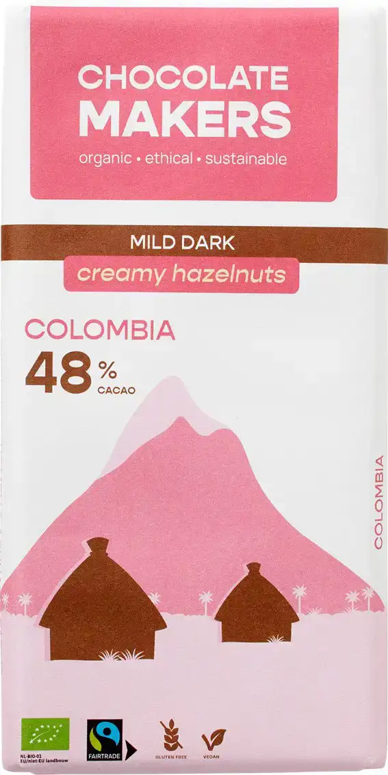 Milde pure chocolade Colombia 48% hazelnoot crème